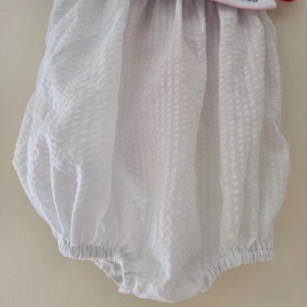 Smocked Polkadot Baby‎ Girls White Seersucker Sailboat Bubble Romper 9M Nautical